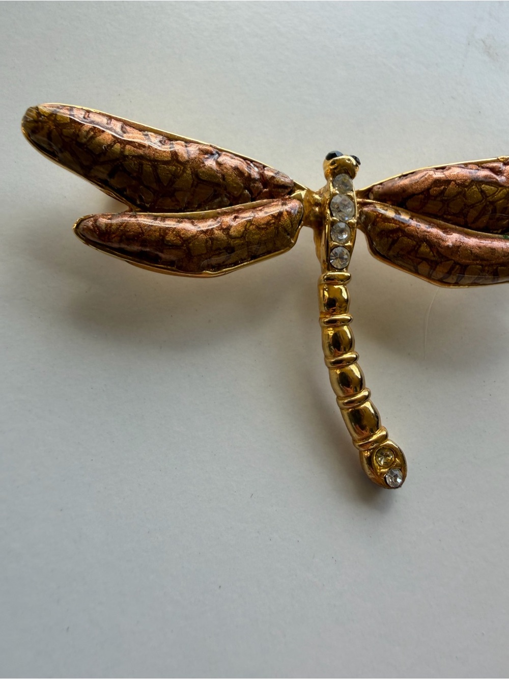 Gold & Copper Dragonfly Brooch with Crystal Accents - Picture 4 of 8